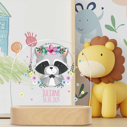 SEO. Kinder LED Nachtlicht mit Sockel aus Holz - "Blumenkreis" - Waschbär Linkreich