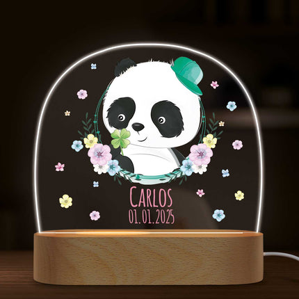 SEO. Kinder LED Nachtlicht mit Sockel aus Holz - "Blumenkreis" - Panda mit Mütze Linkreich