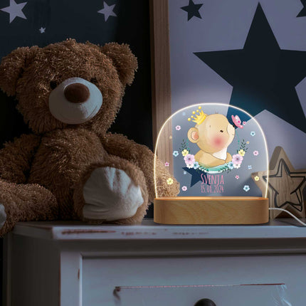SEO. Kinder LED Nachtlicht mit Sockel aus Holz - "Blumenkreis" - Waschbär Linkreich