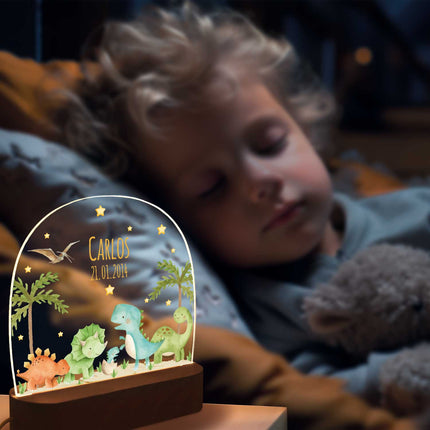 SEO. Kinder LED Nachtlicht mit Sockel aus Holz - "Dinogruppe" - Linkreich
