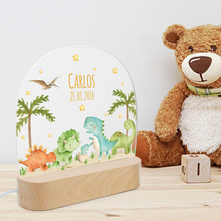 SEO. Kinder LED Nachtlicht mit Sockel aus Holz - "Dinogruppe" - Linkreich