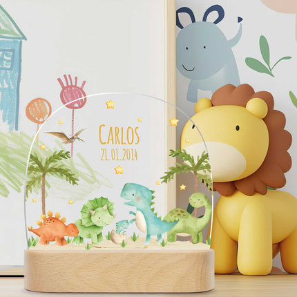 SEO. Kinder LED Nachtlicht mit Sockel aus Holz - "Dinogruppe" - Linkreich