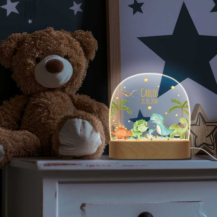 SEO. Kinder LED Nachtlicht mit Sockel aus Holz - "Dinogruppe" - Linkreich