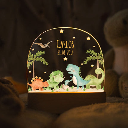 SEO. Kinder LED Nachtlicht mit Sockel aus Holz - "Dinogruppe" - Linkreich