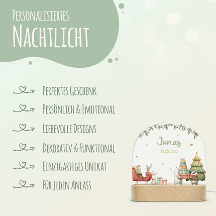 SEO. Kinder LED Nachtlicht mit Sockel aus Holz - "Eisbär Schlitten" - Linkreich