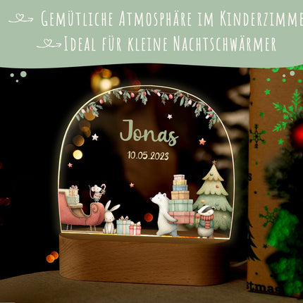 SEO. Kinder LED Nachtlicht mit Sockel aus Holz - "Eisbär Schlitten" - Linkreich