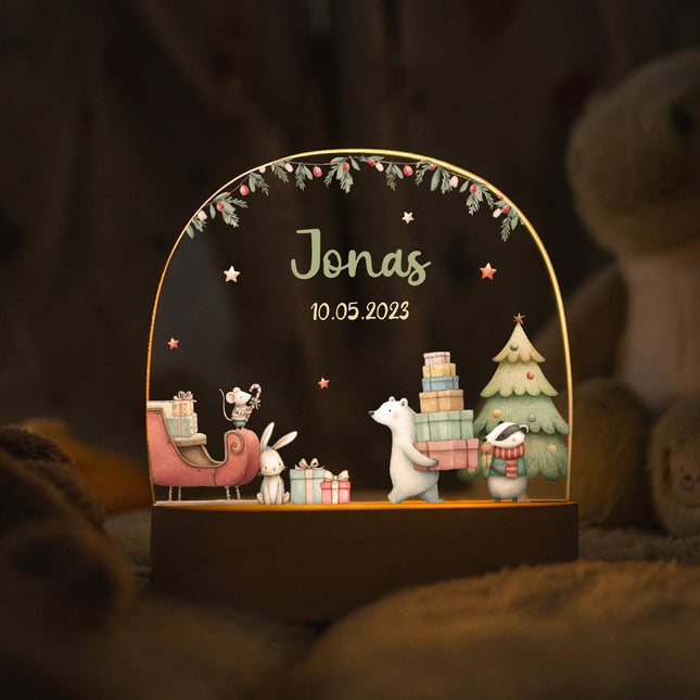 SEO. Kinder LED Nachtlicht mit Sockel aus Holz - "Eisbär Schlitten" - Linkreich