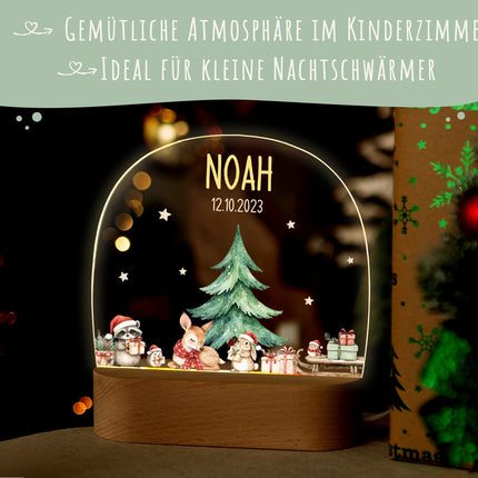 SEO. Kinder LED Nachtlicht mit Sockel aus Holz - "Geschenktiere" - Linkreich