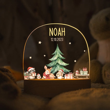 SEO. Kinder LED Nachtlicht mit Sockel aus Holz - "Geschenktiere" - Linkreich