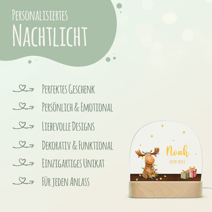 SEO. Kinder LED Nachtlicht mit Sockel aus Holz - "Hirsch Lichterkette" - Linkreich