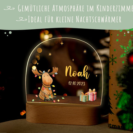SEO. Kinder LED Nachtlicht mit Sockel aus Holz - "Hirsch Lichterkette" - Linkreich