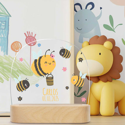 SEO. Kinder LED Nachtlicht mit Sockel aus Holz im Biene Design - Linkreich