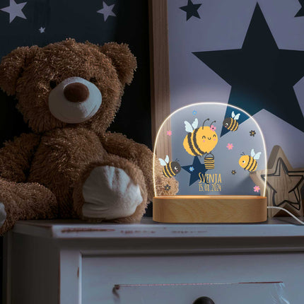 SEO. Kinder LED Nachtlicht mit Sockel aus Holz im Biene Design - Linkreich