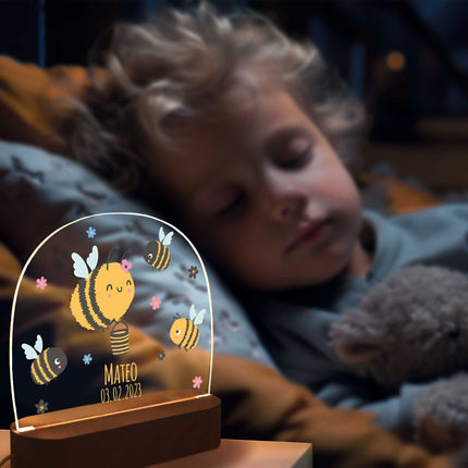 SEO. Kinder LED Nachtlicht mit Sockel aus Holz im Biene Design - Linkreich