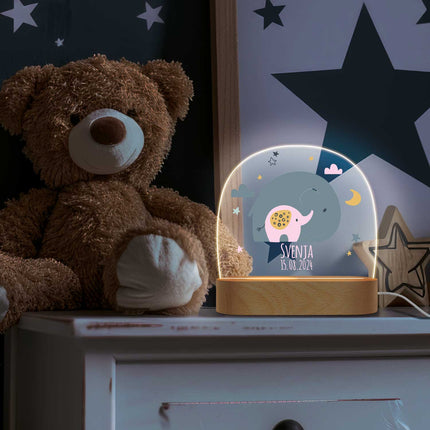 SEO. Kinder LED Nachtlicht mit Sockel aus Holz im Elefant Design - Rosa Linkreich