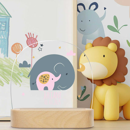 SEO. Kinder LED Nachtlicht mit Sockel aus Holz im Elefant Design - Rosa Linkreich