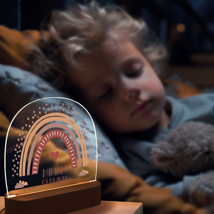 SEO. Kinder LED Nachtlicht mit Sockel aus Holz im Regenbogen Design - Rot Linkreich