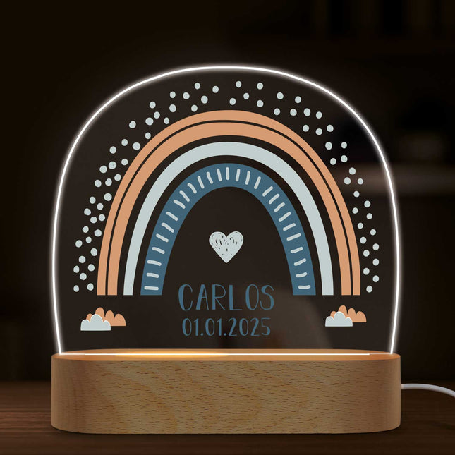 SEO. Kinder LED Nachtlicht mit Sockel aus Holz im Regenbogen Design - Blau Linkreich