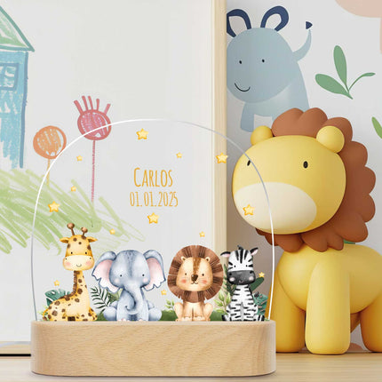 SEO. Kinder LED Nachtlicht mit Sockel aus Holz im Tiergruppe Design - Linkreich