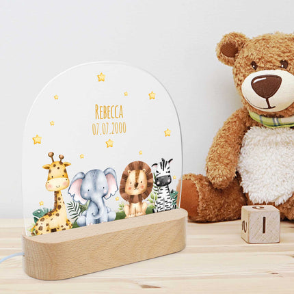 SEO. Kinder LED Nachtlicht mit Sockel aus Holz im Tiergruppe Design - Linkreich