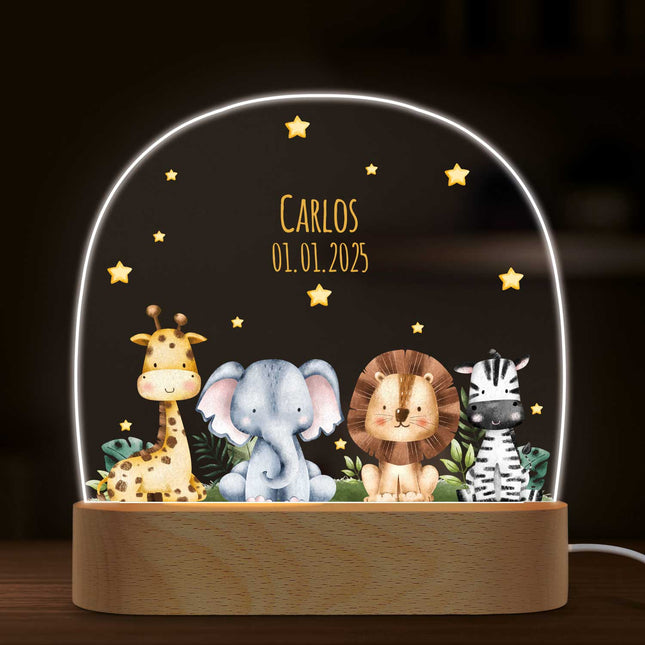 SEO. Kinder LED Nachtlicht mit Sockel aus Holz im Tiergruppe Design - Linkreich