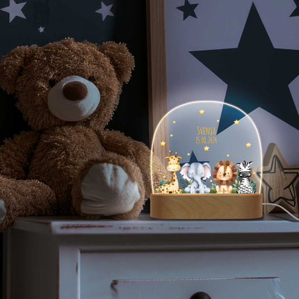 SEO. Kinder LED Nachtlicht mit Sockel aus Holz im Tiergruppe Design - Linkreich
