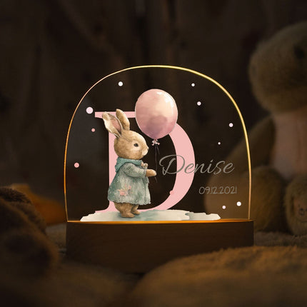 SEO. Kinder LED Nachtlicht mit Sockel aus Holz - "Initial Tiere" - Hase Linkreich