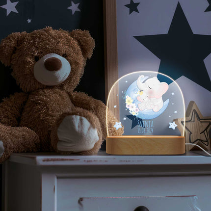 SEO. Kinder LED Nachtlicht mit Sockel aus Holz - "Mond Tiere" - Waschbär Linkreich