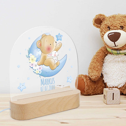 SEO. Kinder LED Nachtlicht mit Sockel aus Holz - "Mond Tiere" - Waschbär Linkreich