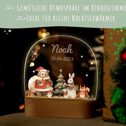 SEO. Kinder LED Nachtlicht mit Sockel aus Holz - "Pullovertiere" - Linkreich
