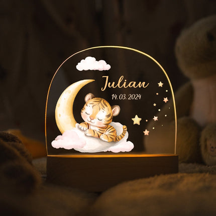SEO. Kinder LED Nachtlicht mit Sockel aus Holz - "Schlafende Tiere" - Tiger Linkreich