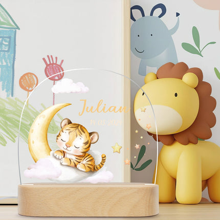 SEO. Kinder LED Nachtlicht mit Sockel aus Holz - "Schlafende Tiere" - Tiger Linkreich