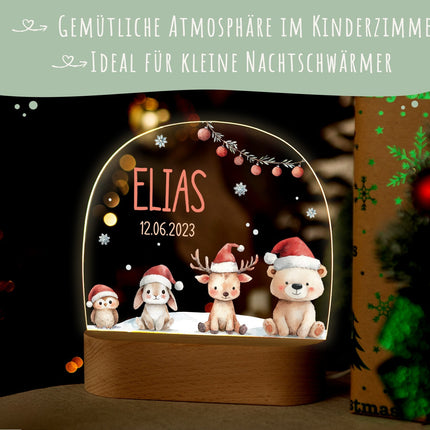 SEO. Kinder LED Nachtlicht mit Sockel aus Holz - "Schneetiere" - Linkreich