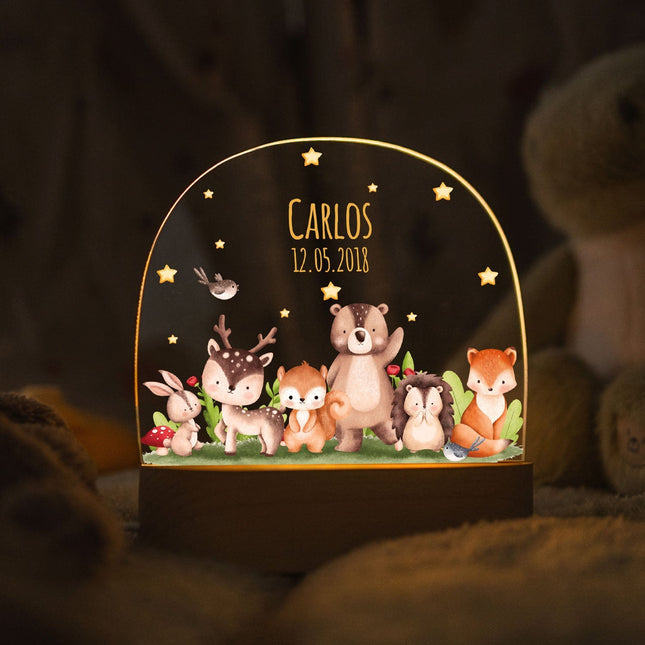 SEO. Kinder LED Nachtlicht mit Sockel aus Holz - "Tiergruppe Waldtiere" - Linkreich