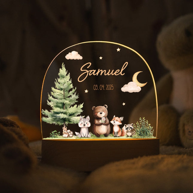SEO. Kinder LED Nachtlicht mit Sockel aus Holz - "Waldfreunde" - Linkreich