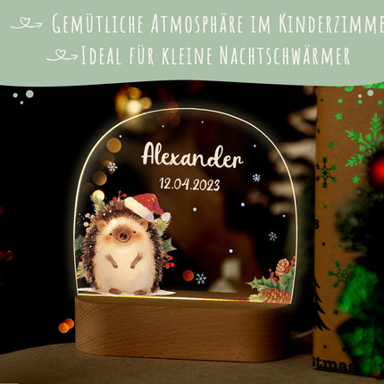 SEO. Kinder LED Nachtlicht mit Sockel aus Holz - "Weihnachtstiere" - Igel Linkreich