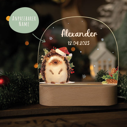 SEO. Kinder LED Nachtlicht mit Sockel aus Holz - "Weihnachtstiere" - Igel Linkreich