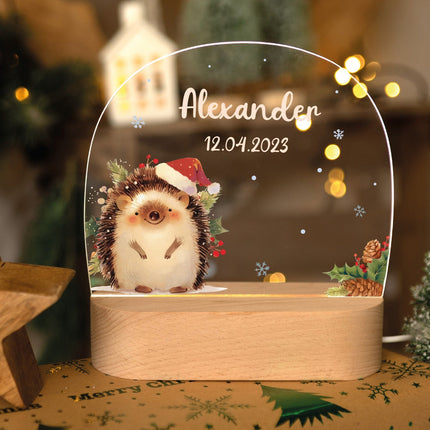 SEO. Kinder LED Nachtlicht mit Sockel aus Holz - "Weihnachtstiere" - Igel Linkreich