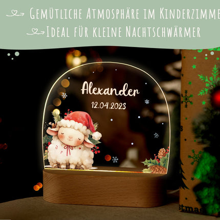 SEO. Kinder LED Nachtlicht mit Sockel aus Holz - "Weihnachtstiere" - Lamm Linkreich