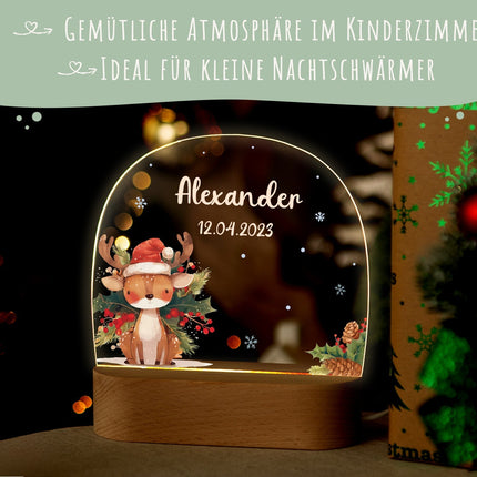 SEO. Kinder LED Nachtlicht mit Sockel aus Holz - "Weihnachtstiere" - Hirsch Linkreich