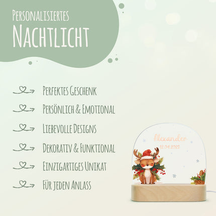 SEO. Kinder LED Nachtlicht mit Sockel aus Holz - "Weihnachtstiere" - Hirsch Linkreich