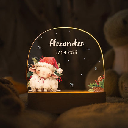 SEO. Kinder LED Nachtlicht mit Sockel aus Holz - "Weihnachtstiere" - Lamm Linkreich