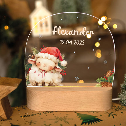 SEO. Kinder LED Nachtlicht mit Sockel aus Holz - "Weihnachtstiere" - Lamm Linkreich