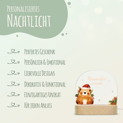 SEO. Kinder LED Nachtlicht mit Sockel aus Holz - "Weihnachtstiere" - Bär Linkreich