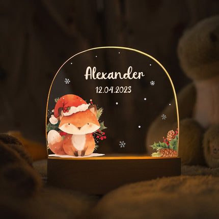 SEO. Kinder LED Nachtlicht mit Sockel aus Holz - "Weihnachtstiere" - Fuchs Linkreich