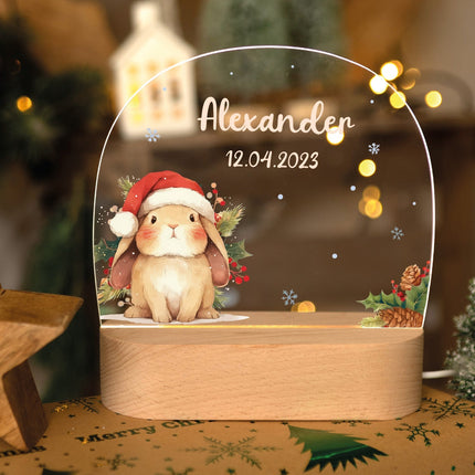 SEO. Kinder LED Nachtlicht mit Sockel aus Holz - "Weihnachtstiere" - Kaninchen Linkreich