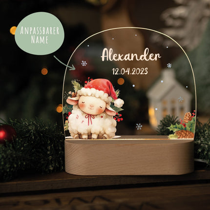 SEO. Kinder LED Nachtlicht mit Sockel aus Holz - "Weihnachtstiere" - Lamm Linkreich