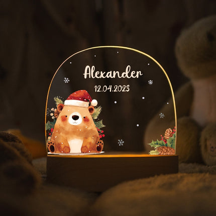 SEO. Kinder LED Nachtlicht mit Sockel aus Holz - "Weihnachtstiere" - Bär Linkreich