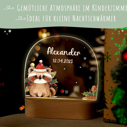 SEO. Kinder LED Nachtlicht mit Sockel aus Holz - "Weihnachtstiere" - Waschbär Linkreich
