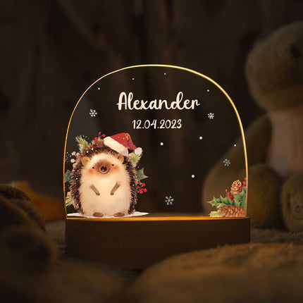 SEO. Kinder LED Nachtlicht mit Sockel aus Holz - "Weihnachtstiere" - Igel Linkreich